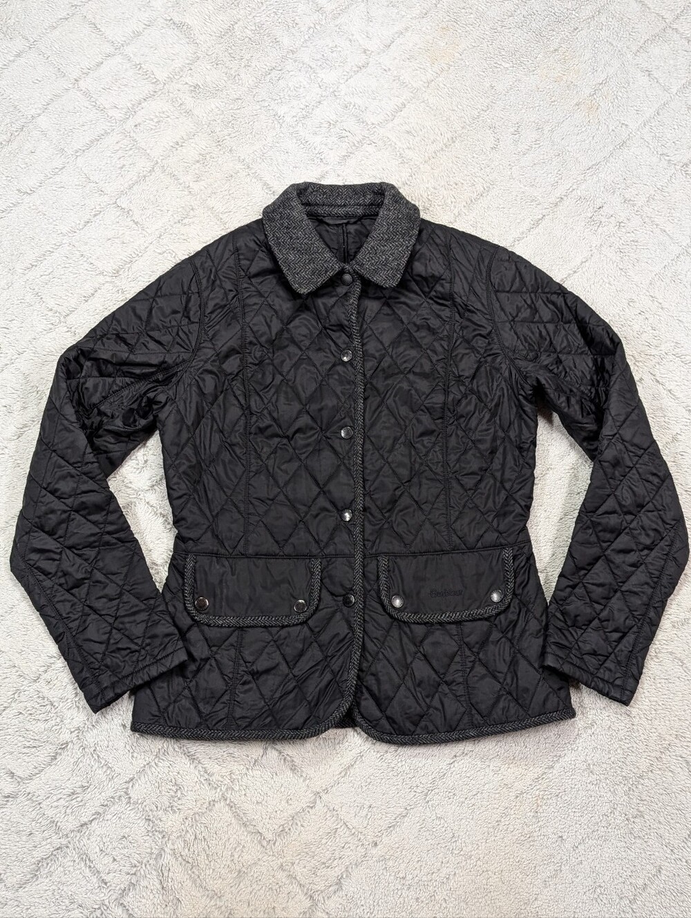 Barbour Jacket Womens US 8 Black Vintage Tweed Diamond Quilted Insulated